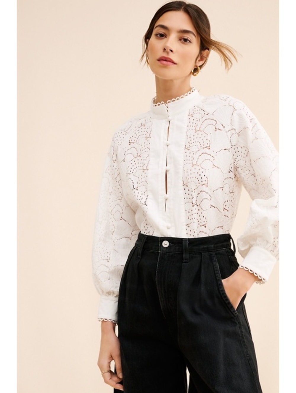 FRENCH MAUVE Portofino eyelet scallopedButton front lace shirt